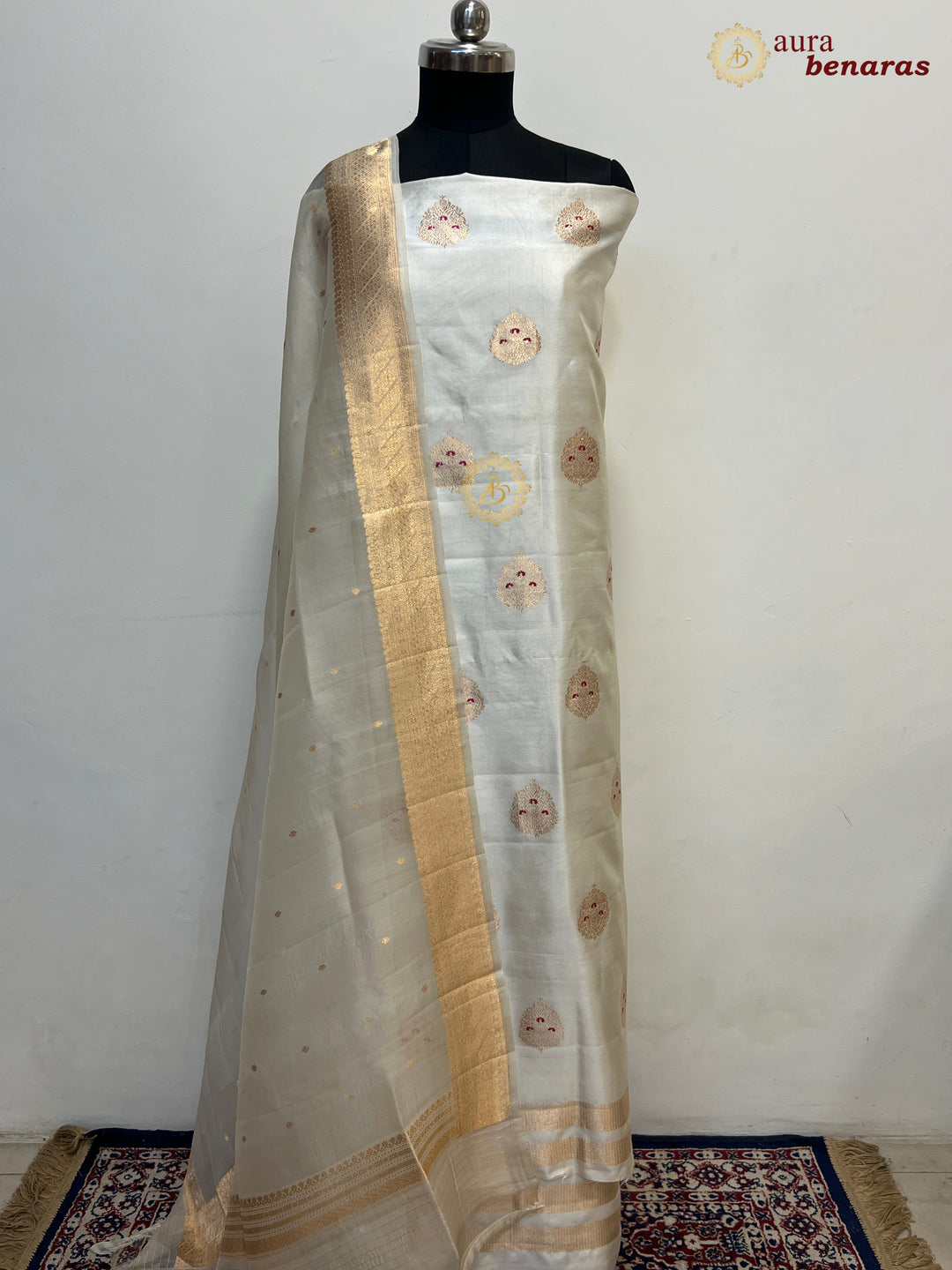 Ash Grey Pure Banarasi Silk Unstitched Suit Kadhwa Work
