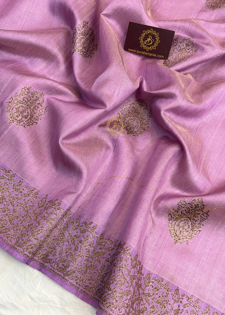 Pastel Lavender Raw Silk Banarasi Saree – Kadhwa Floral Design