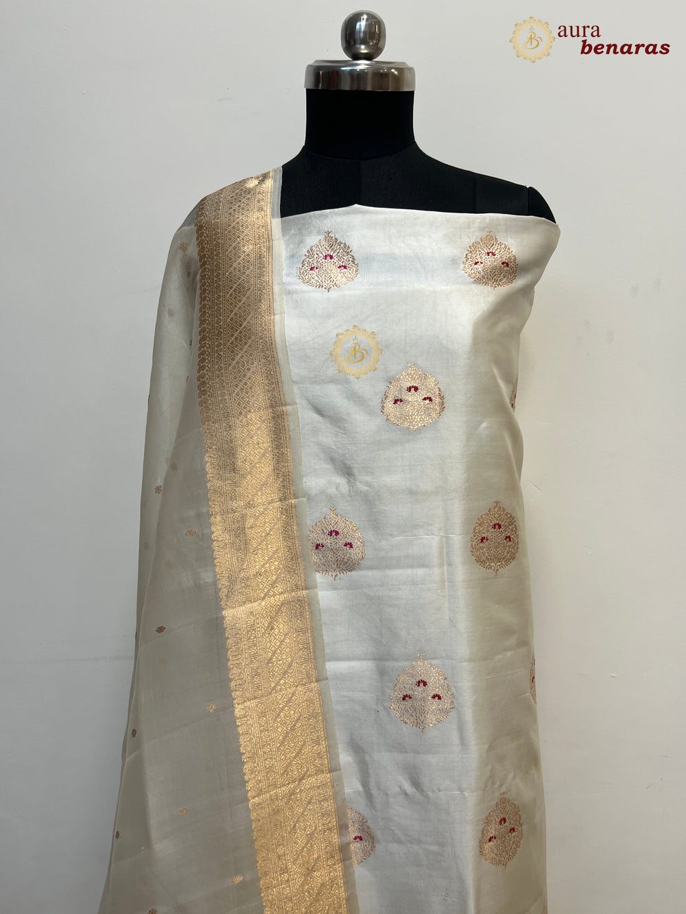 Ash Grey Pure Banarasi Silk Unstitched Suit Kadhwa Work