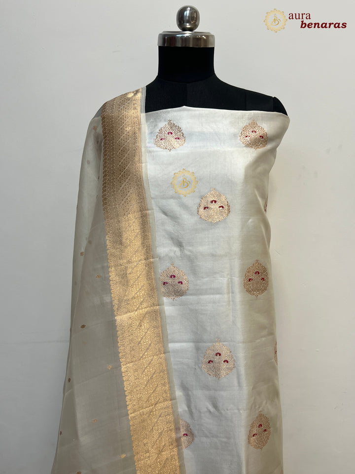 Ash Grey Pure Banarasi Silk Unstitched Suit Kadhwa Work
