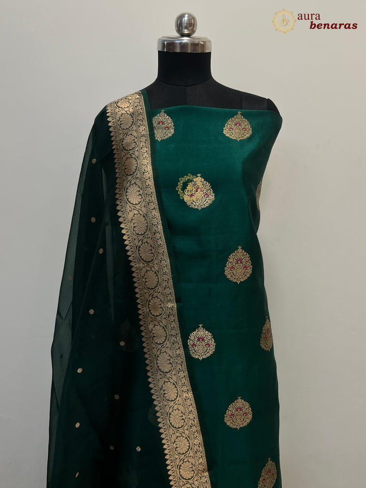 Bottle Green Pure Banarasi Silk Unstitched Suit Kadhwa Work