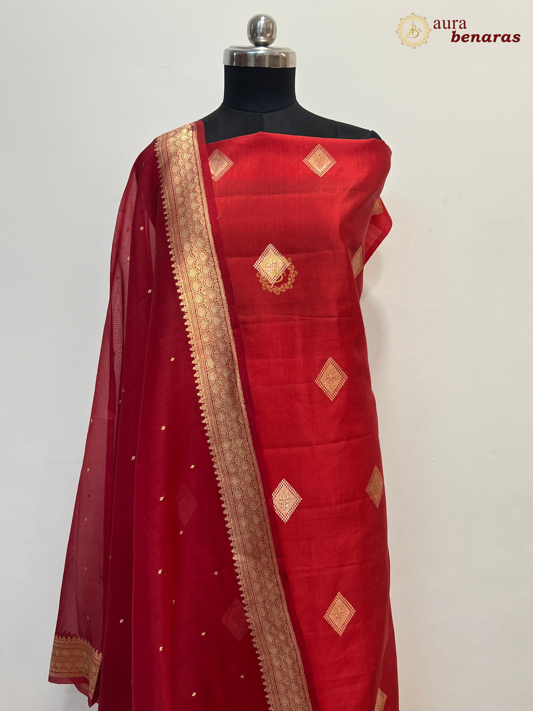 Red Pure Banarasi Silk Unstitched Suit Kadhwa Work