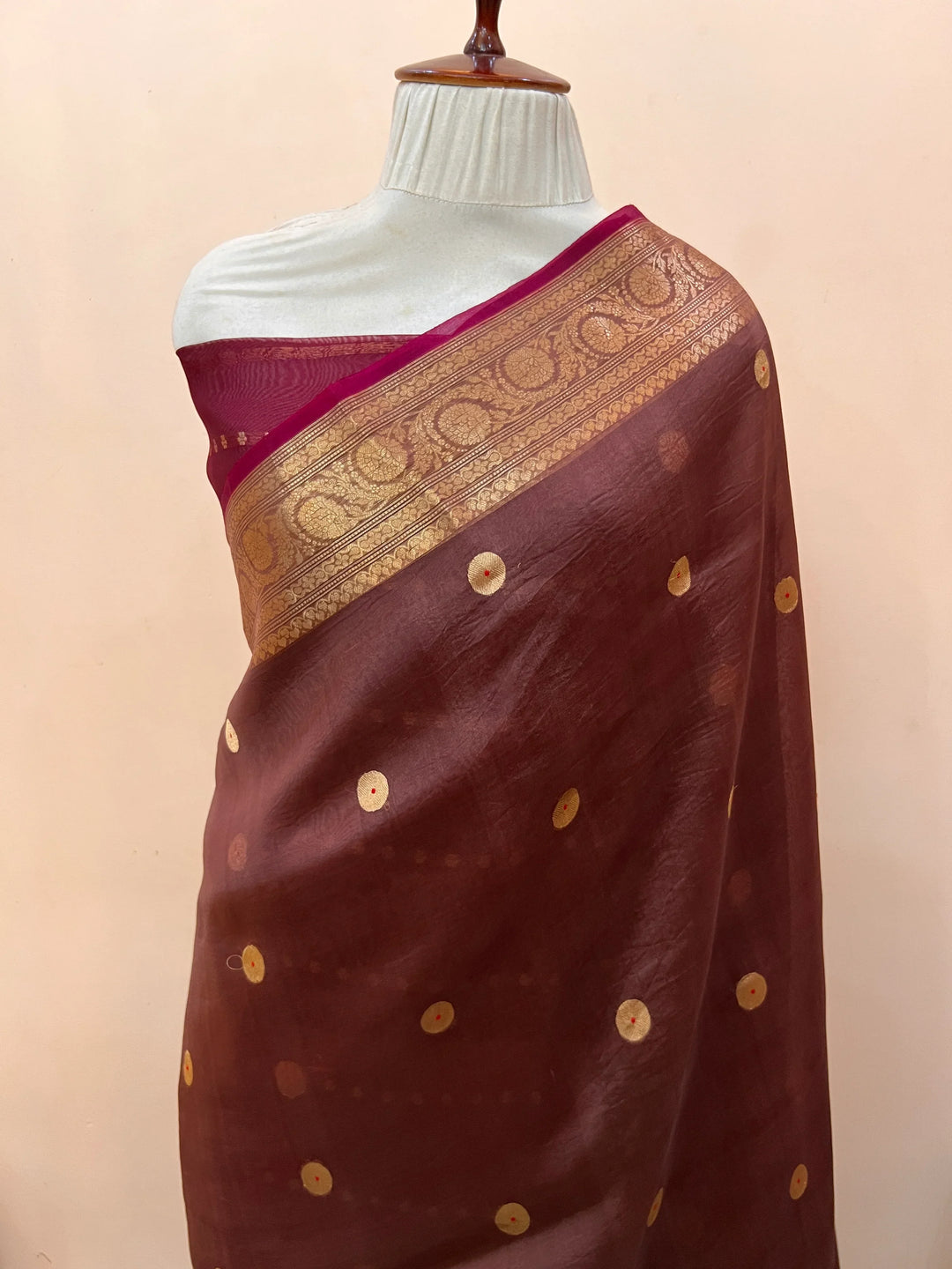 Brown Pure Kora Silk Handloom Banarasi Saree