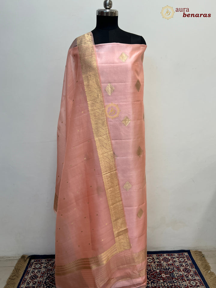 Dusty Pink Pure Banarasi Silk Unstitched Suit Kadhwa Work