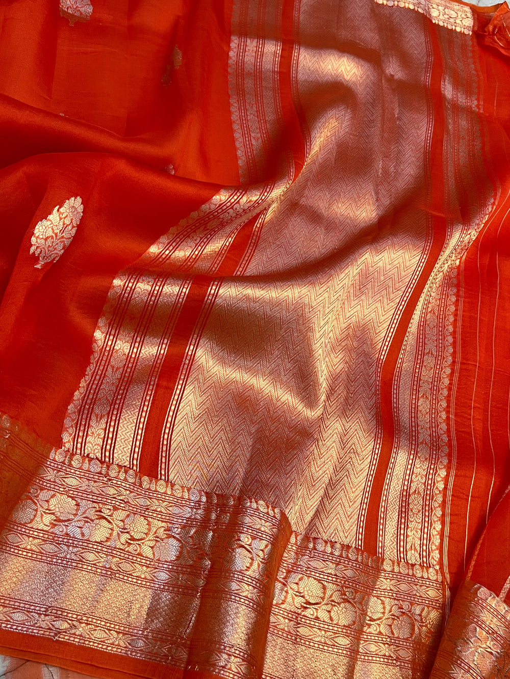 Orange Pure Kora Silk Banarasi Saree with Zari Butis & Border