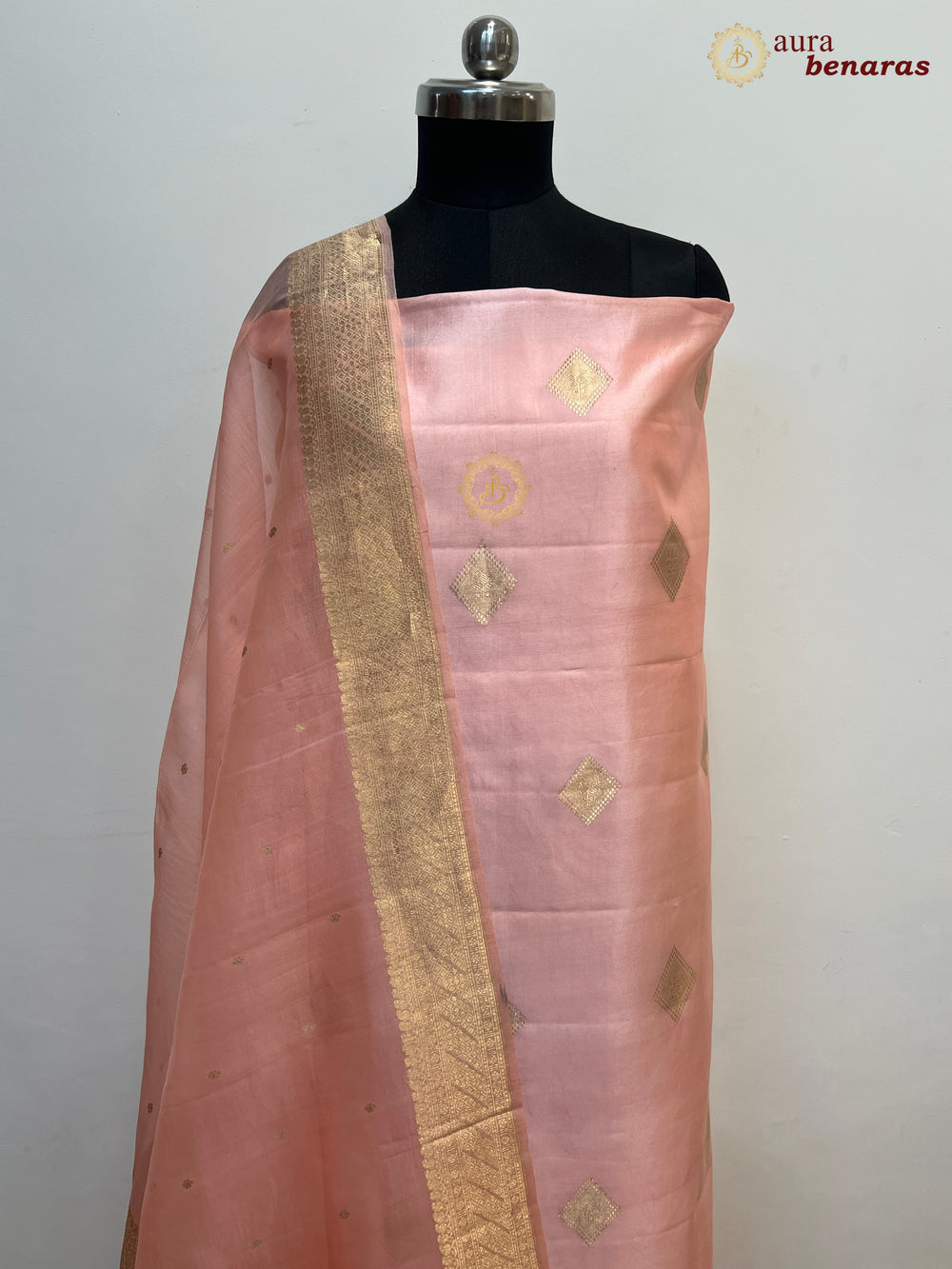 Dusty Pink Pure Banarasi Silk Unstitched Suit Kadhwa Work