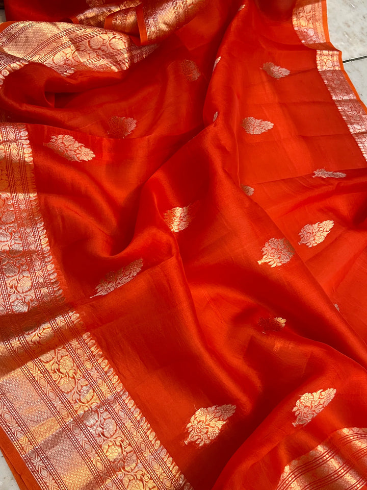 Orange Pure Kora Silk Banarasi Saree with Zari Butis & Border