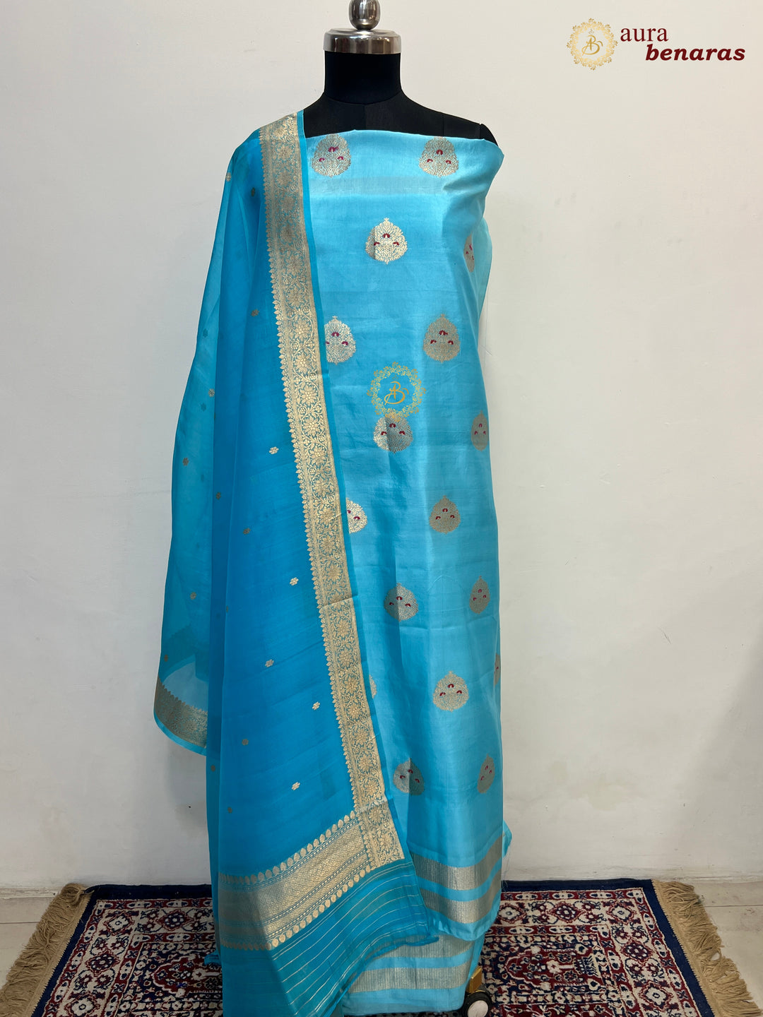 Sage Blue Pure Banarasi Silk Unstitched Suit Kadhwa Work