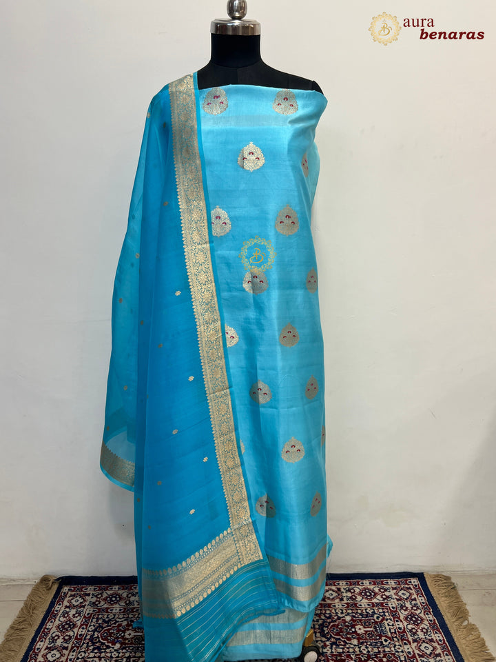 Sage Blue Pure Banarasi Silk Unstitched Suit Kadhwa Work