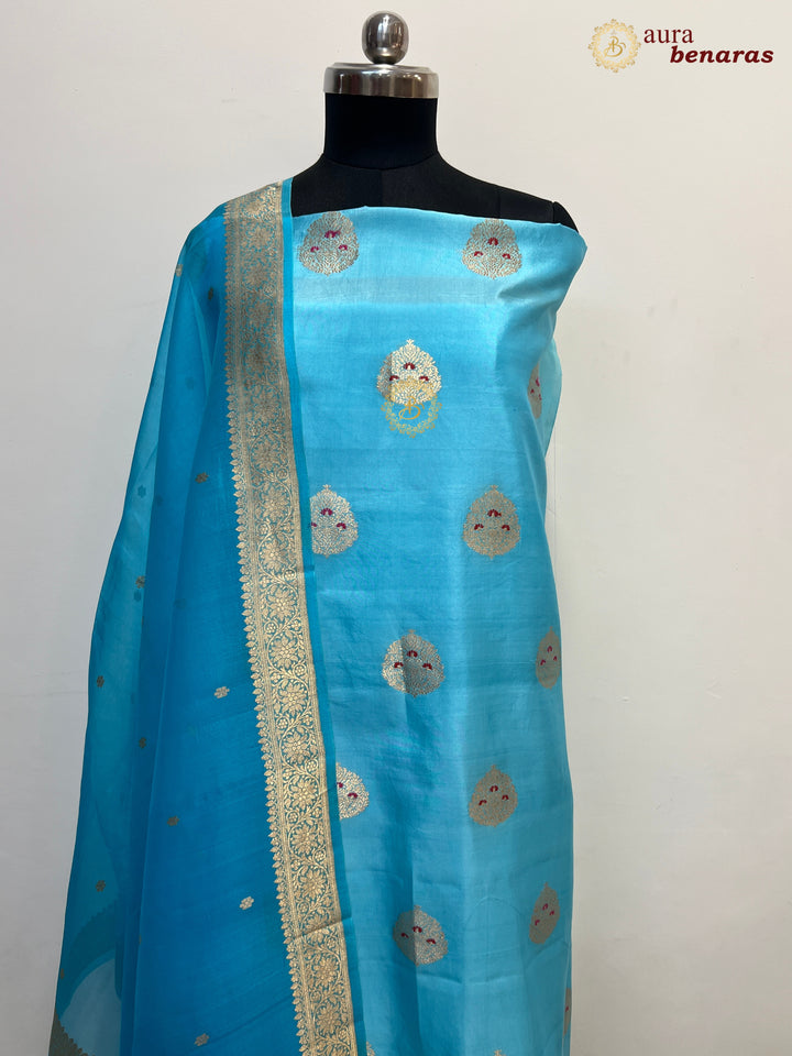 Sage Blue Pure Banarasi Silk Unstitched Suit Kadhwa Work