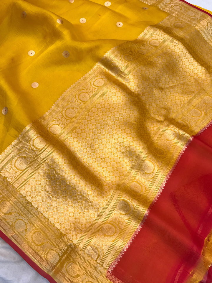 Yellow Pure Kora Silk Handloom Banarasi Saree