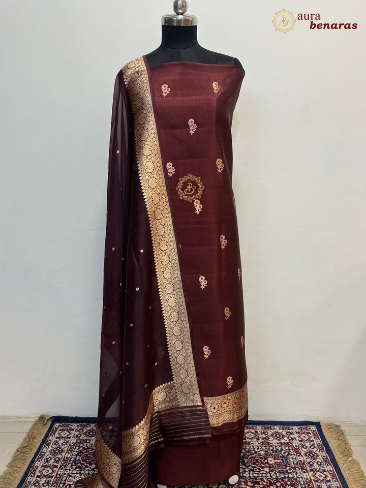 Chocolate Brown Pure Banarasi Silk Unstitched Suit Kadhwa Work