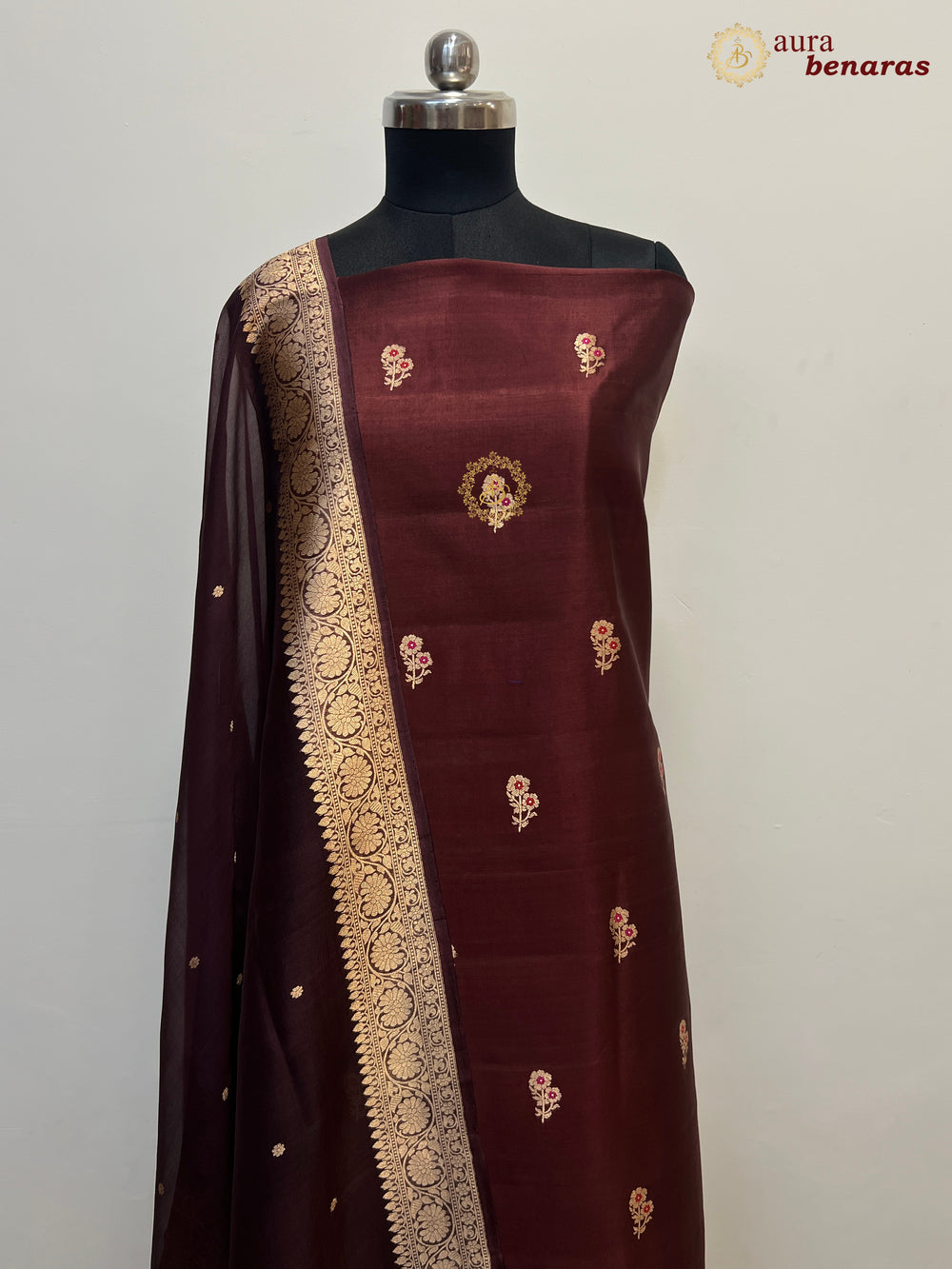 Chocolate Brown Pure Banarasi Silk Unstitched Suit Kadhwa Work
