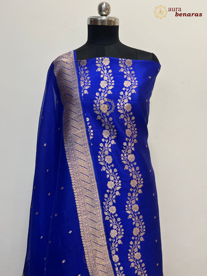 Royal Blue Pure Banarasi Silk Unstitched Suit with Kadhwa Work