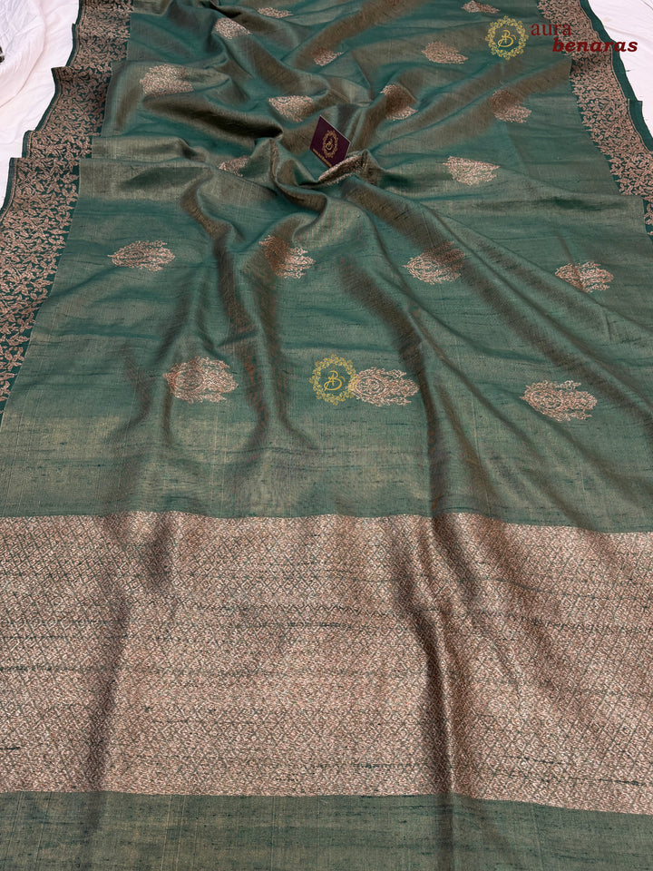 Bottle Green Raw Silk Banarasi Saree – Kadhwa Floral Design