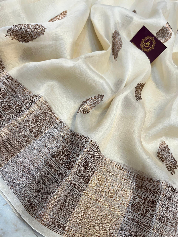 Off White Pure Kora Silk Handloom Banarasi Saree
