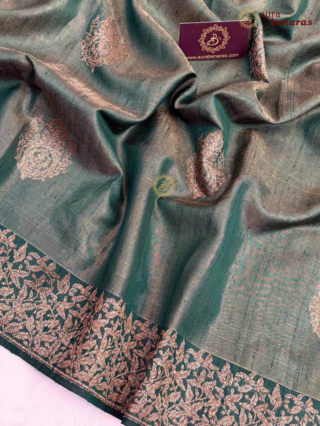 Bottle Green Raw Silk Banarasi Saree – Kadhwa Floral Design