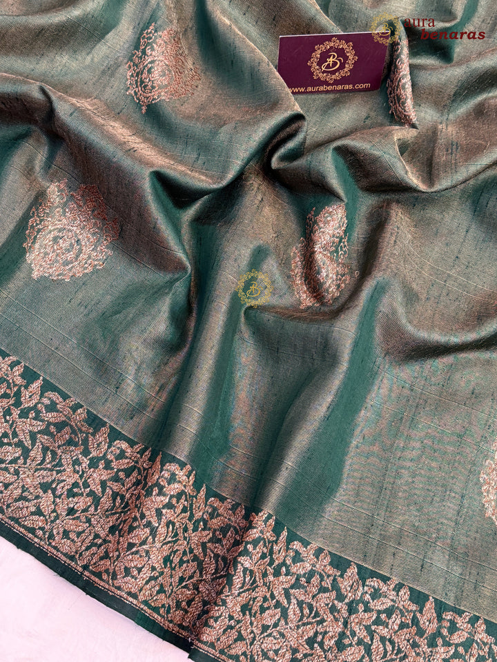 Bottle Green Raw Silk Banarasi Saree – Kadhwa Floral Design