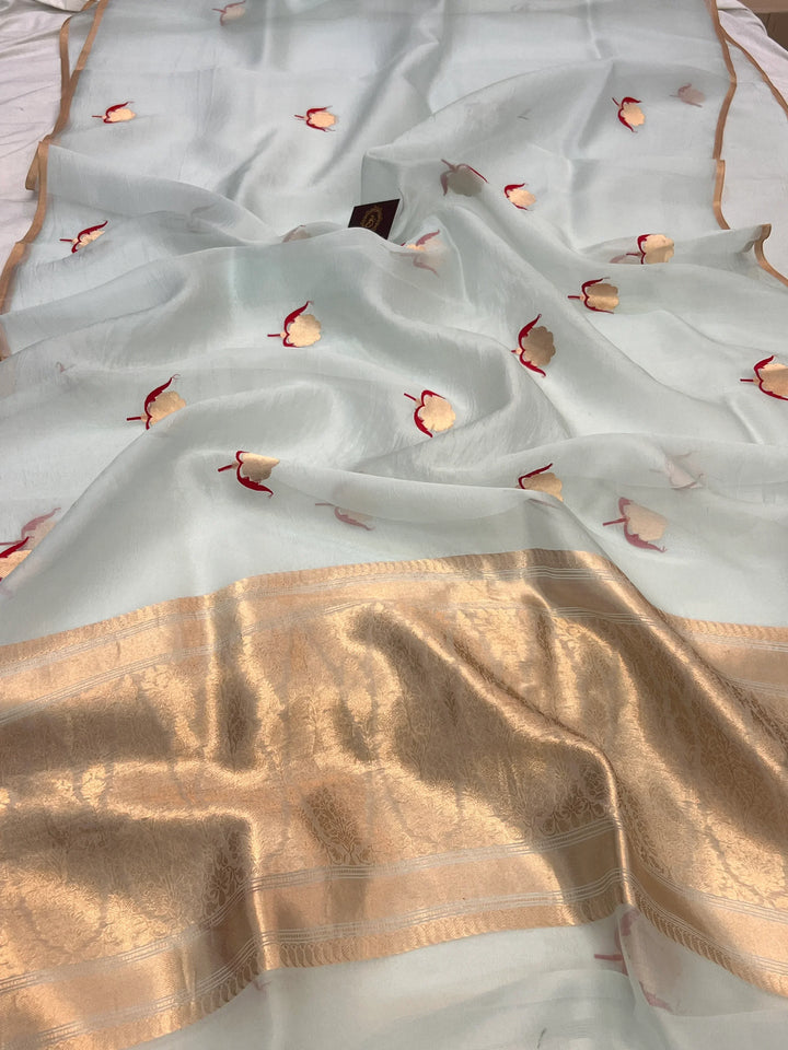 Teal Blue Pure Kora Silk Handloom Banarasi Saree