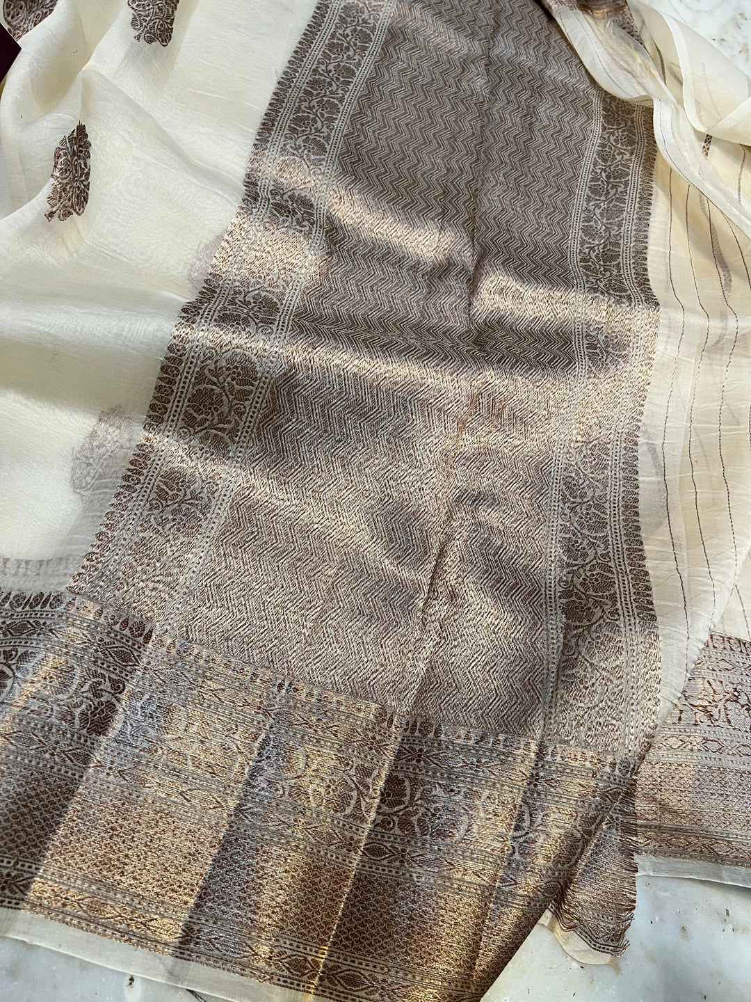 Off White Pure Kora Silk Handloom Banarasi Saree