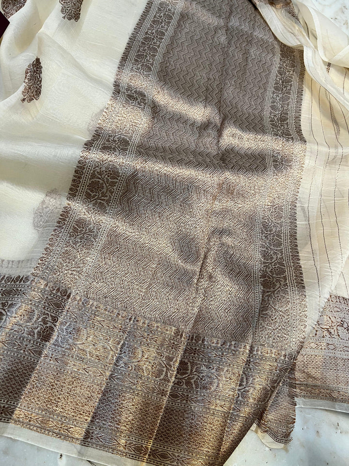 Off White Pure Kora Silk Handloom Banarasi Saree