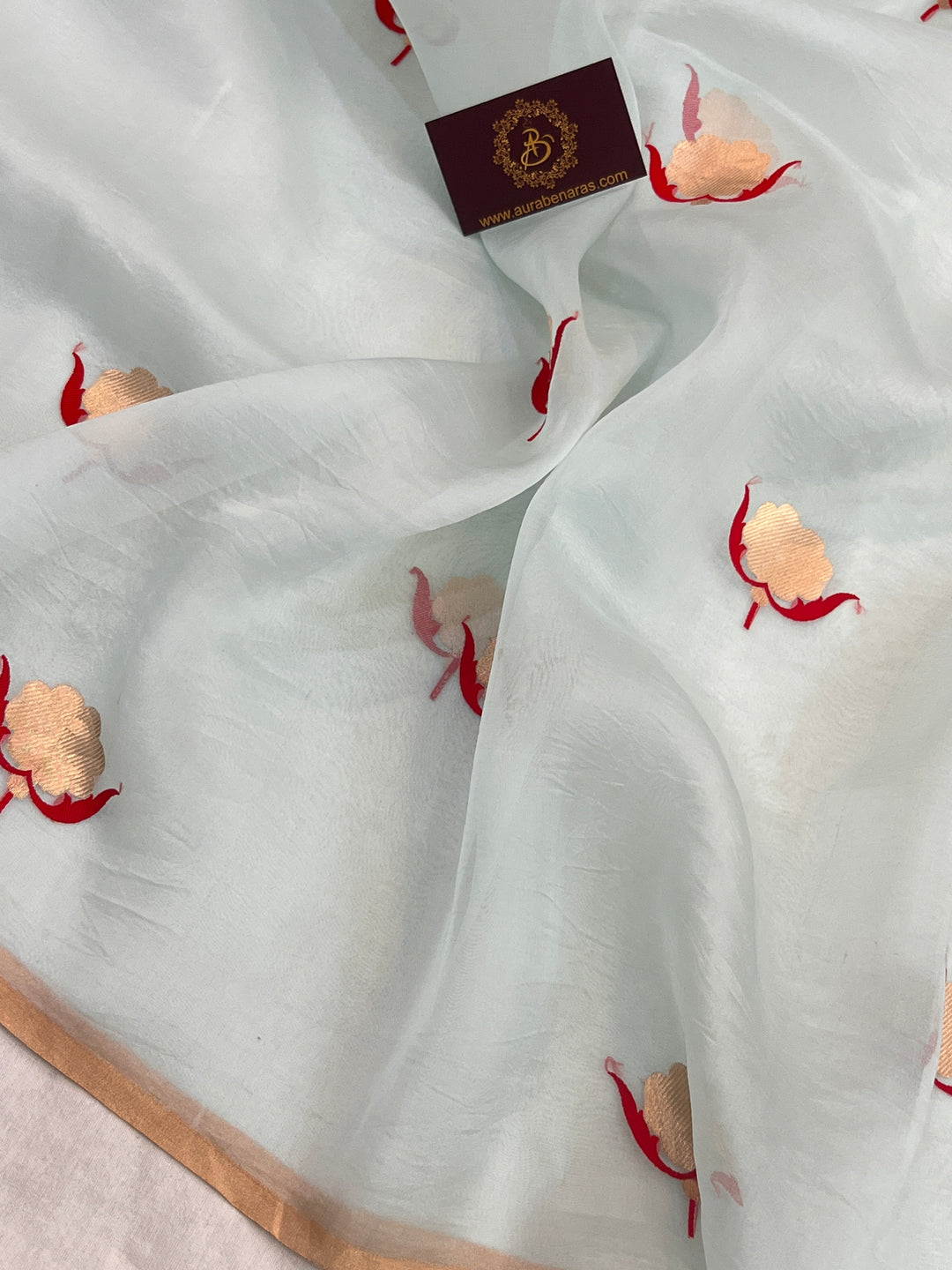 Teal Blue Pure Kora Silk Handloom Banarasi Saree