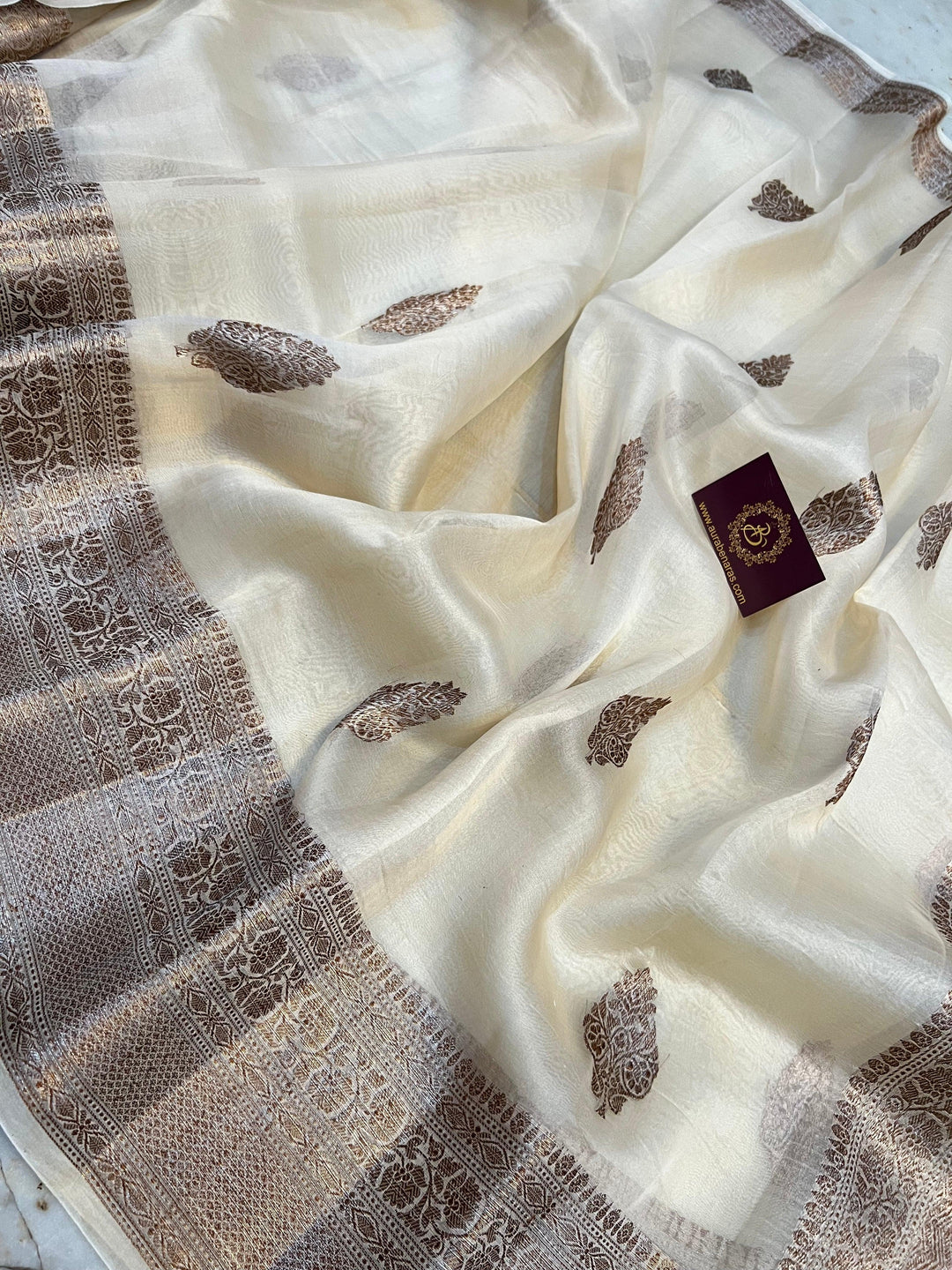 Off White Pure Kora Silk Handloom Banarasi Saree