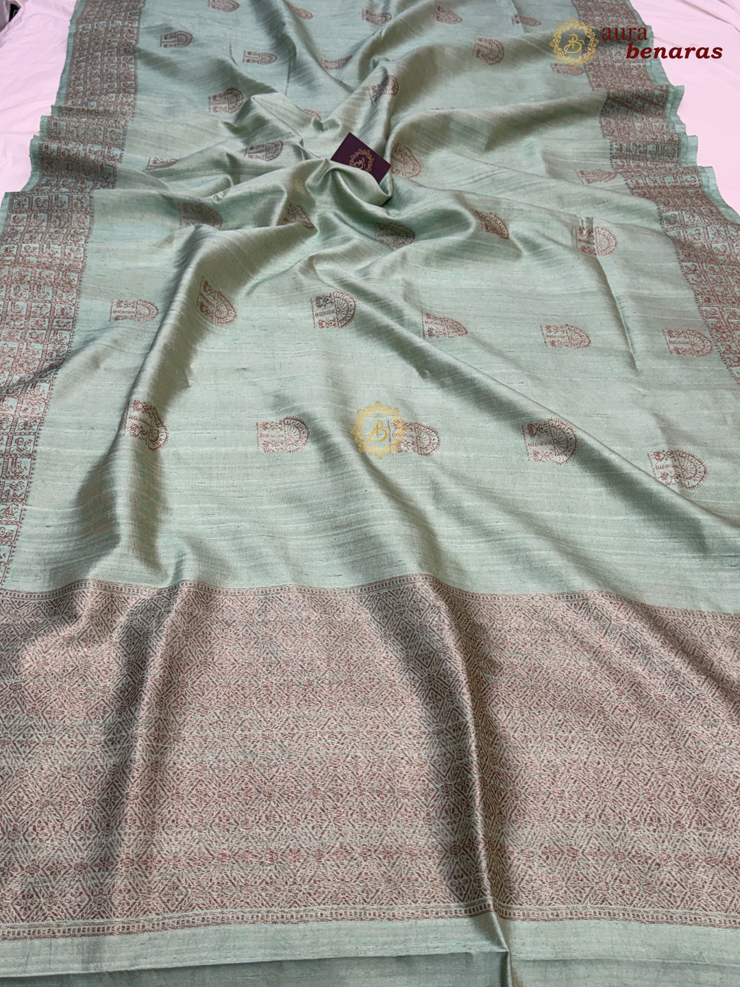 Sage Green Raw Silk Banarasi Saree – Kadhwa Floral Design
