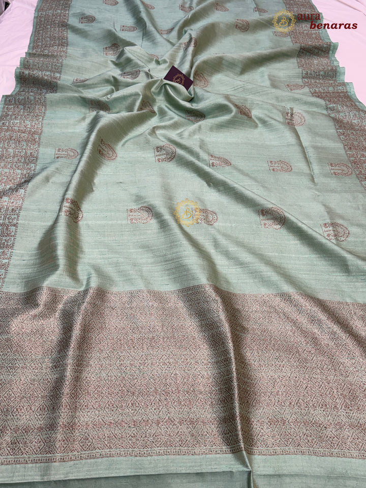 Sage Green Raw Silk Banarasi Saree – Kadhwa Floral Design