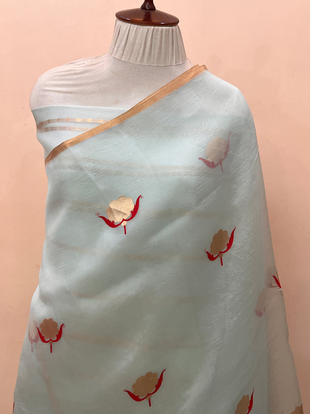 Teal Blue Pure Kora Silk Handloom Banarasi Saree