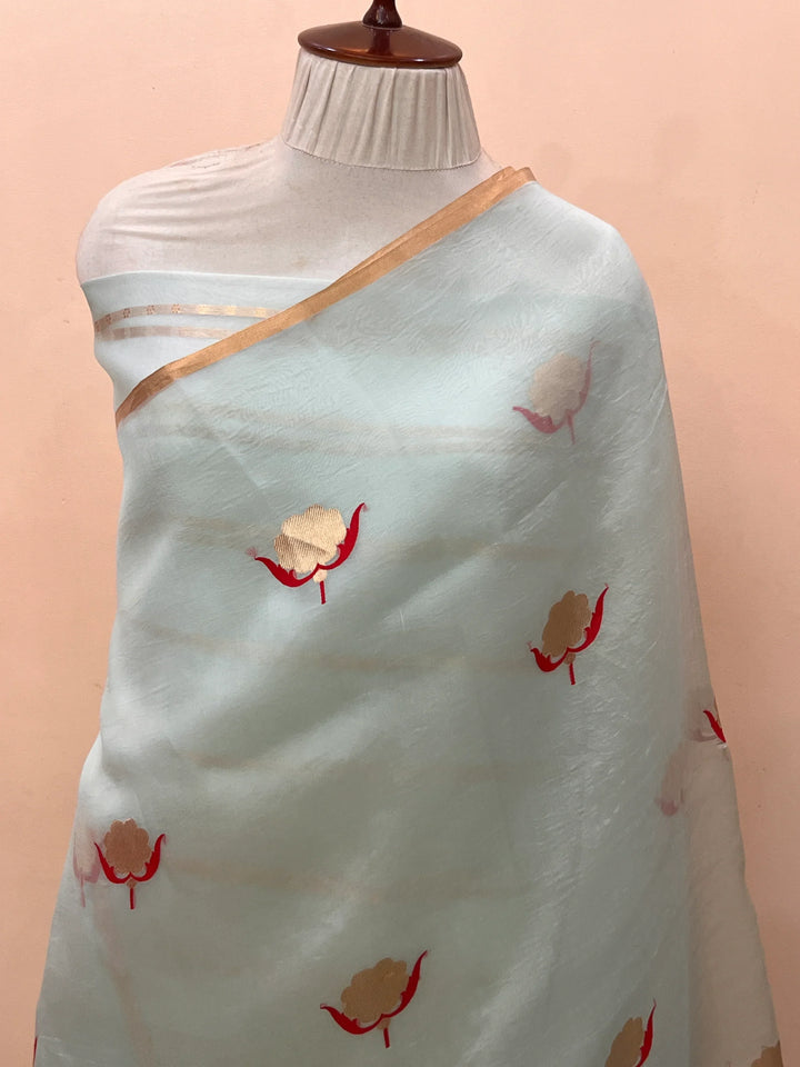 Teal Blue Pure Kora Silk Handloom Banarasi Saree
