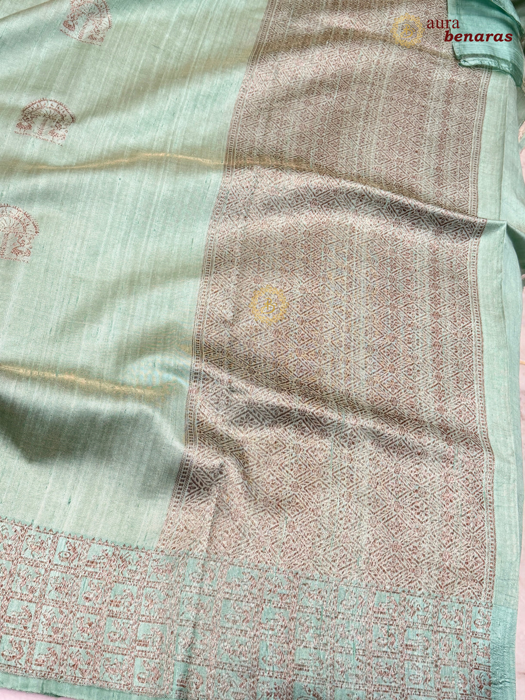 Sage Green Raw Silk Banarasi Saree – Kadhwa Floral Design