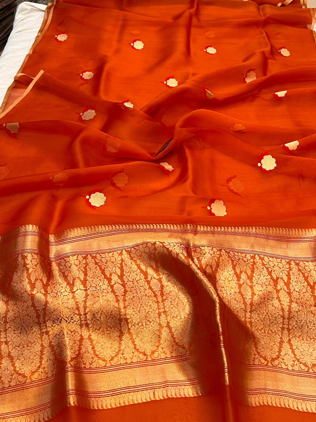 Orange Pure Kora Silk Handloom Banarasi Saree