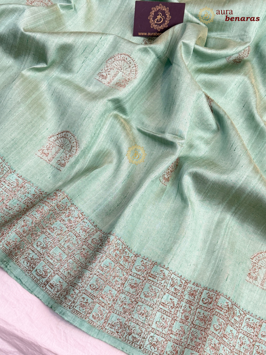 Sage Green Raw Silk Banarasi Saree – Kadhwa Floral Design