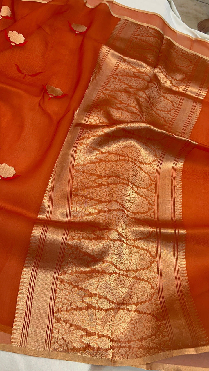 Orange Pure Kora Silk Handloom Banarasi Saree