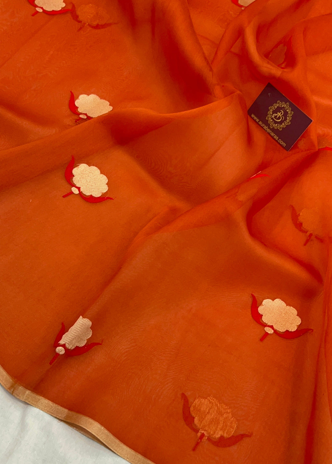 Orange Pure Kora Silk Handloom Banarasi Saree