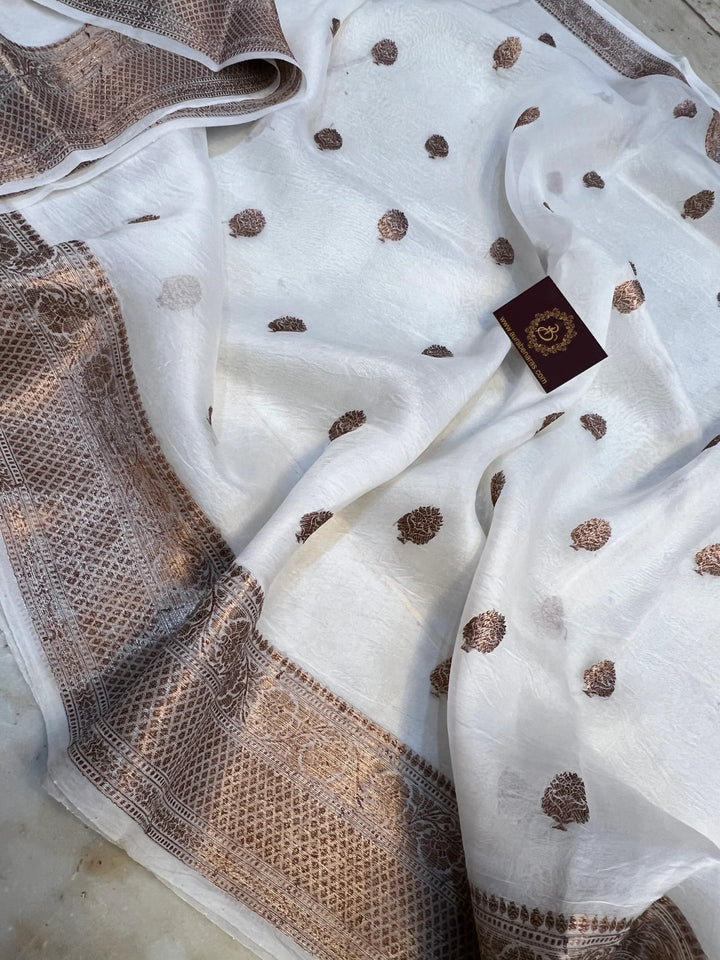 White Kora Silk Handloom Banarasi Saree with Kadhwa Motifs