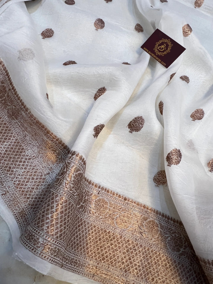 White Kora Silk Handloom Banarasi Saree with Kadhwa Motifs