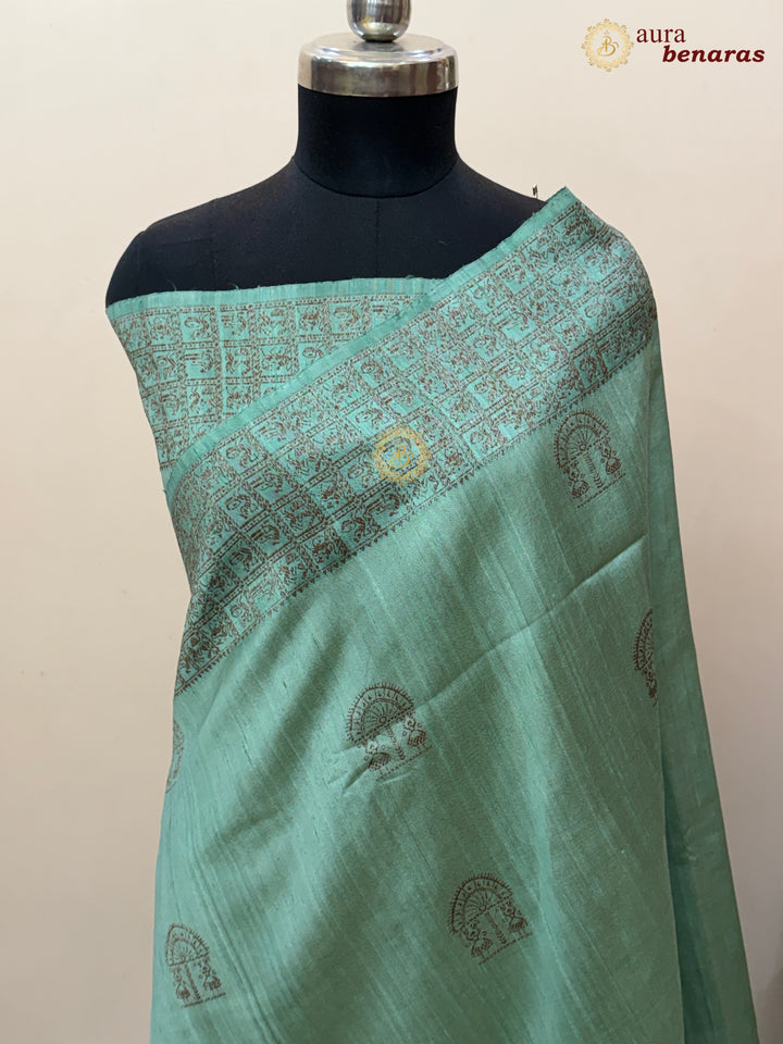 Sage Green Raw Silk Banarasi Saree – Kadhwa Floral Design