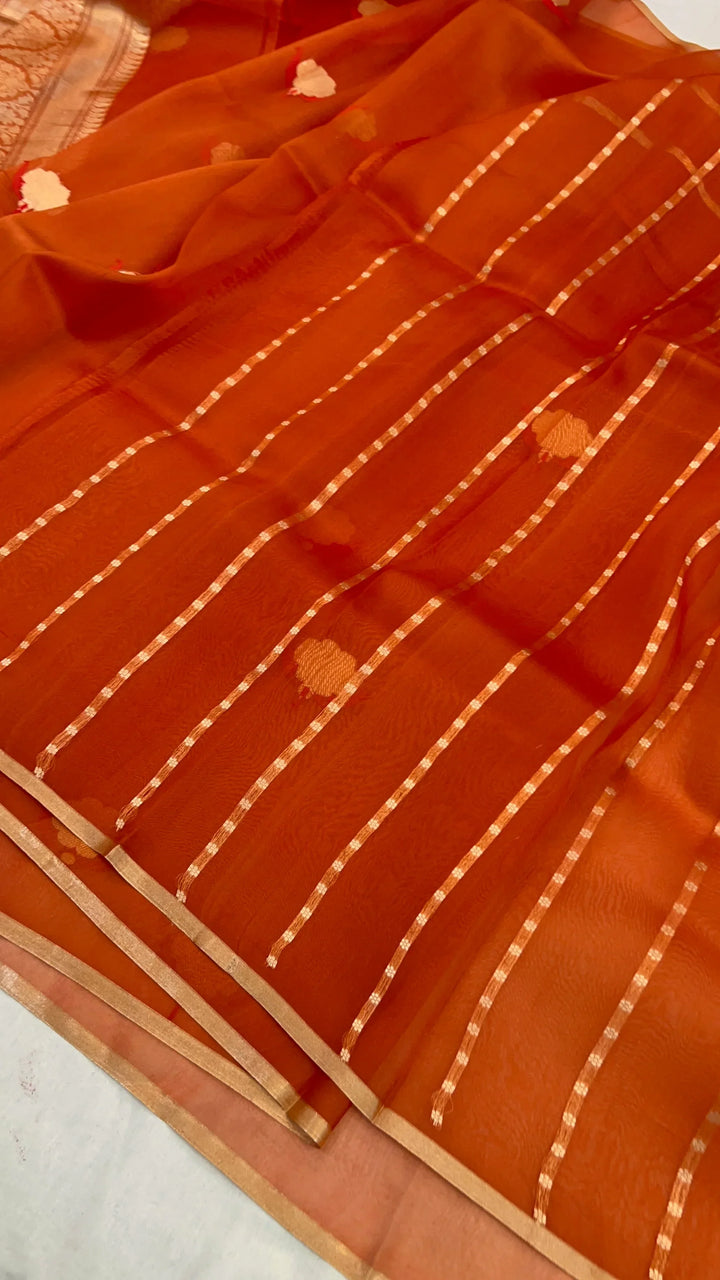 Orange Pure Kora Silk Handloom Banarasi Saree