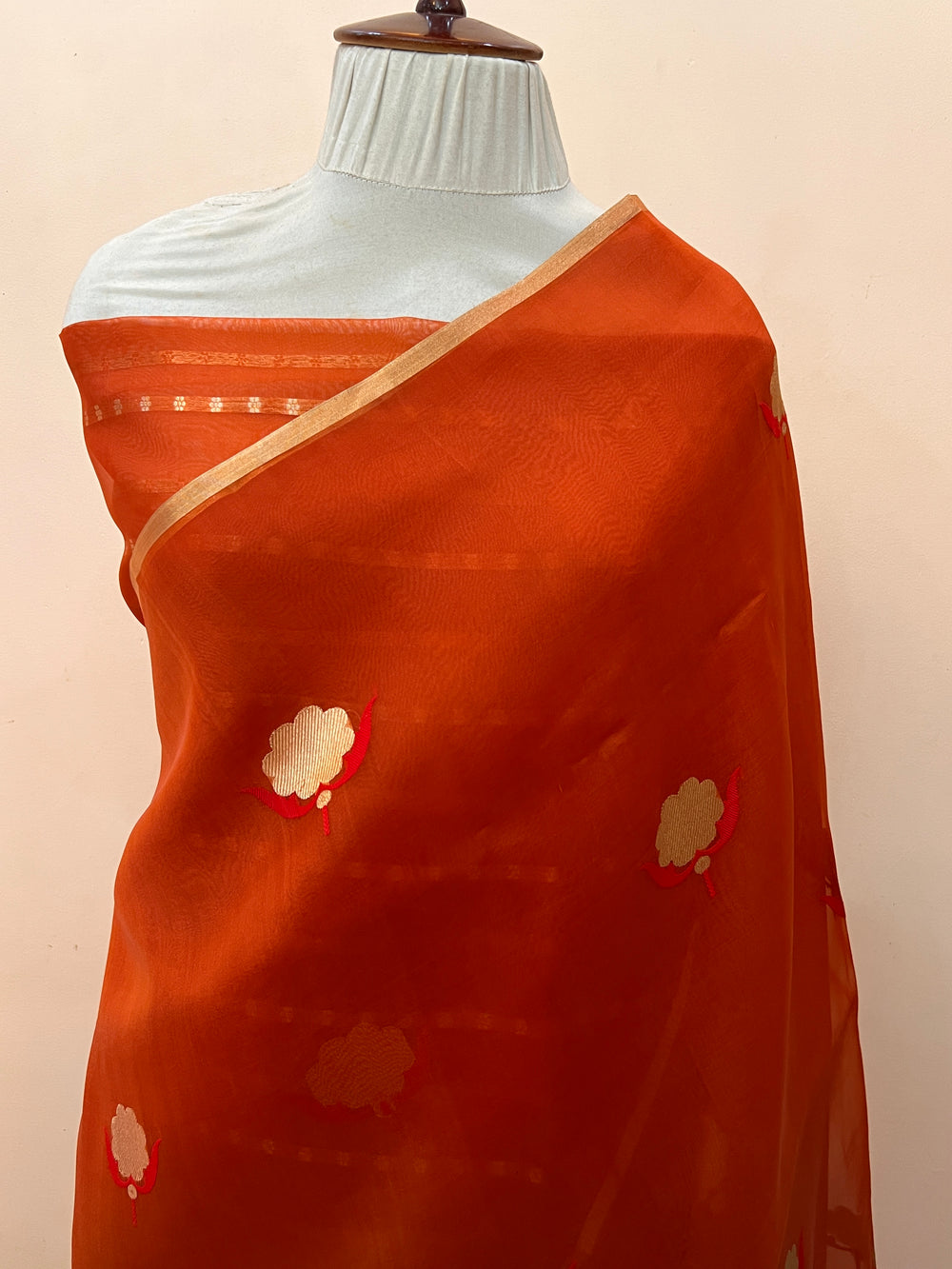 Orange Pure Kora Silk Handloom Banarasi Saree