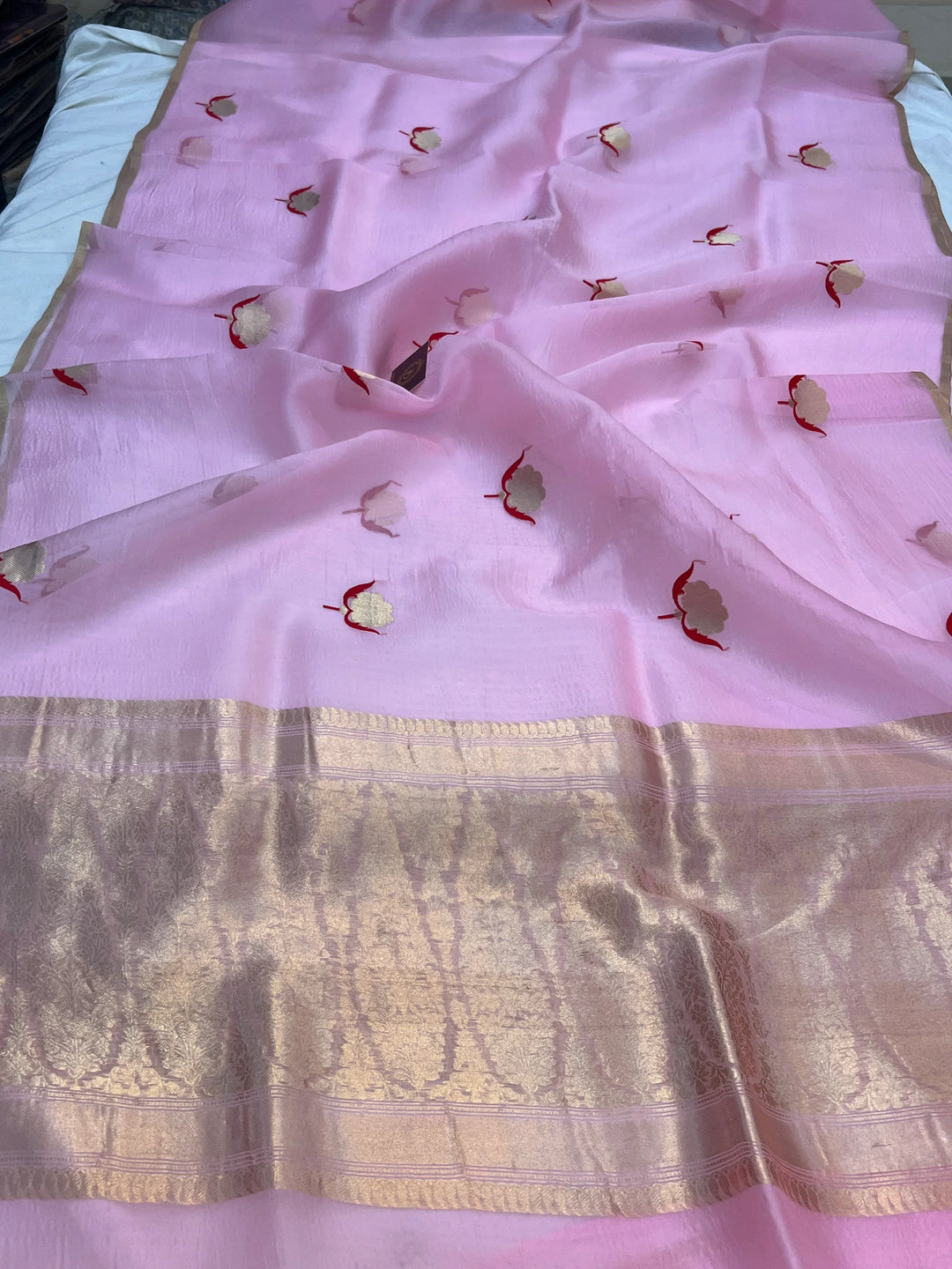 Baby Pink Pure Kora Silk Handloom Banarasi Saree