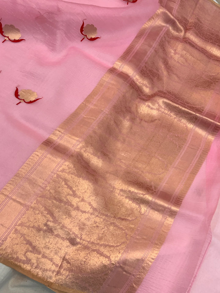 Baby Pink Pure Kora Silk Handloom Banarasi Saree