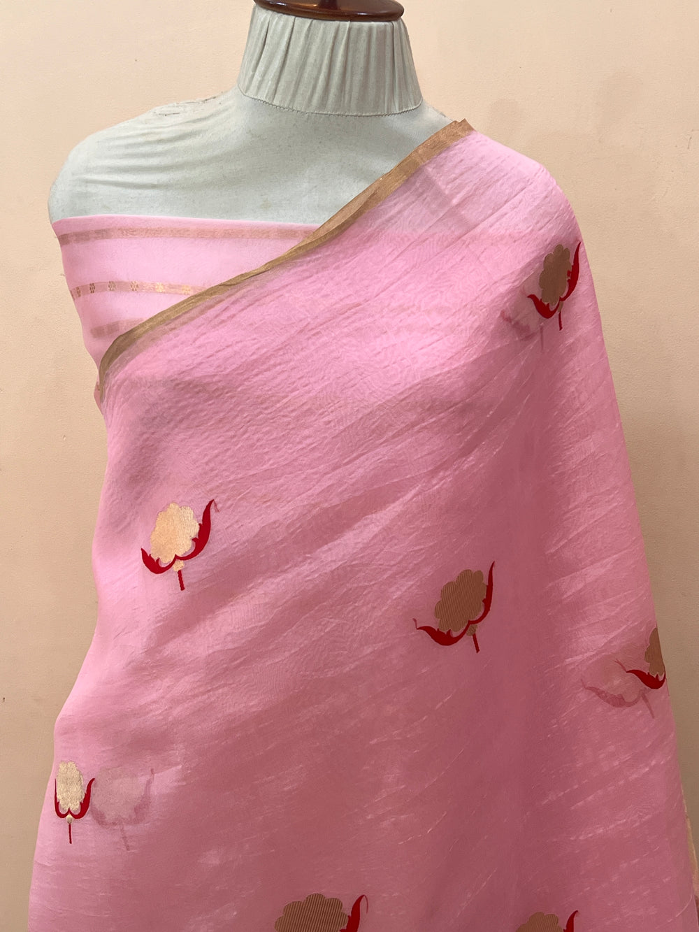 Baby Pink Pure Kora Silk Handloom Banarasi Saree