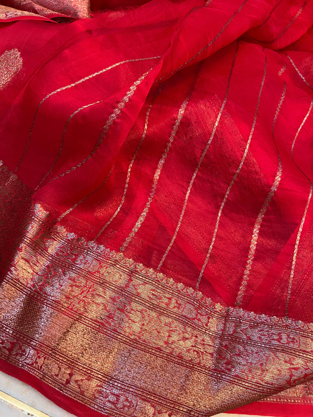 Red Kora Silk Handloom Banarasi Saree with Kadhwa Motifs