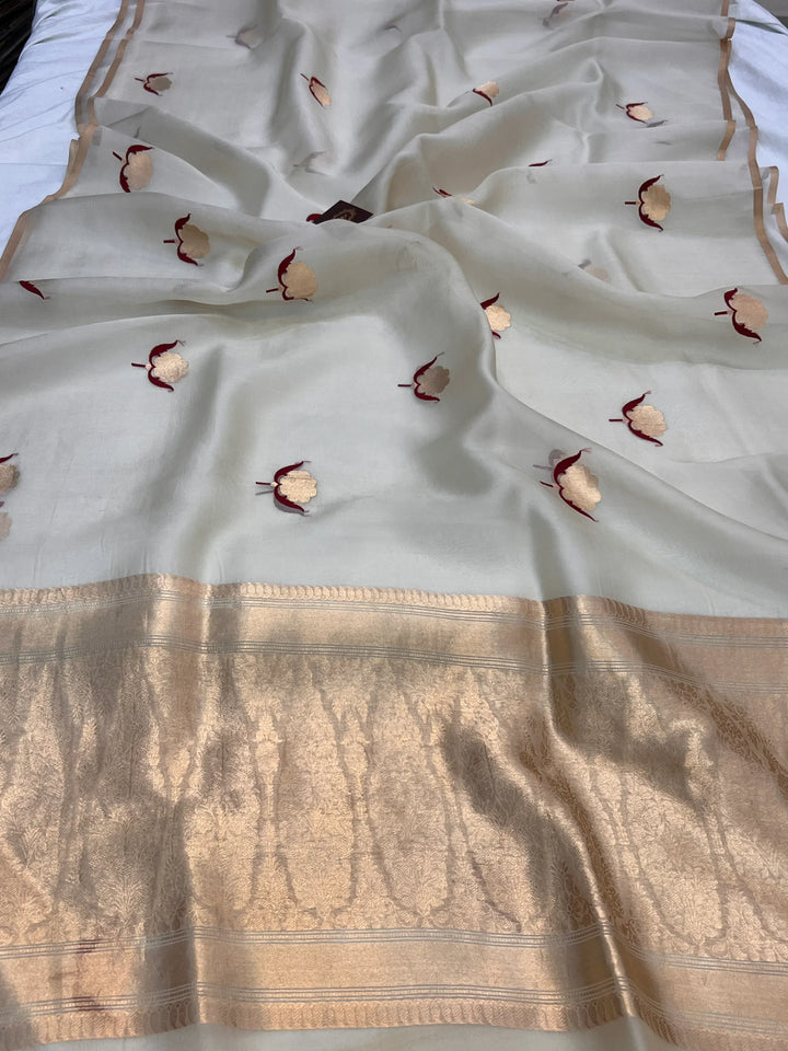 Cream Pure Kora Silk Handloom Banarasi Saree