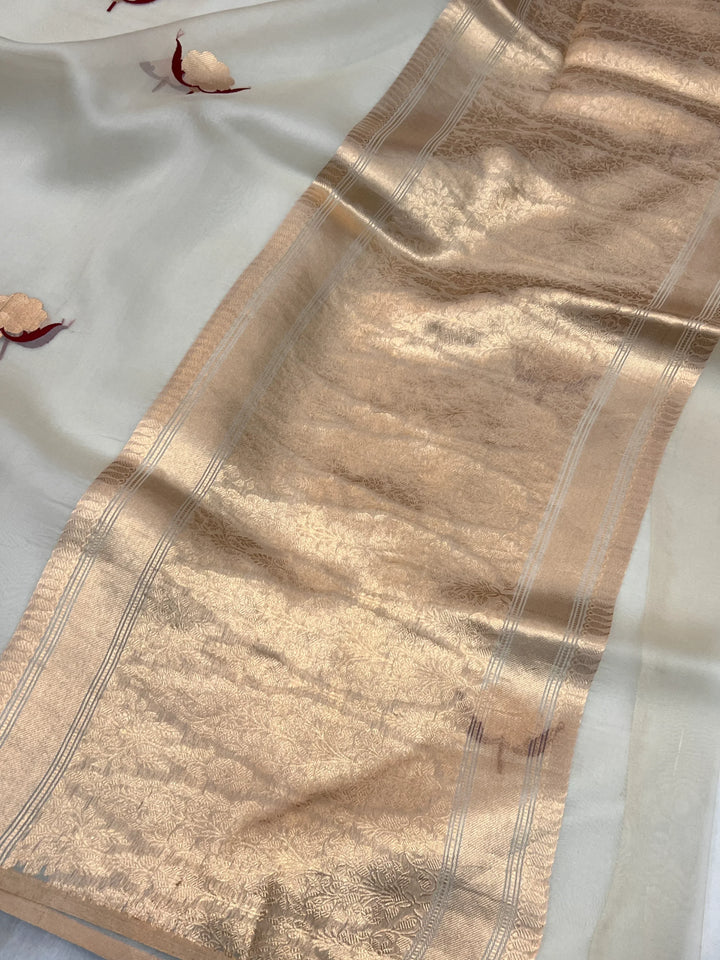 Cream Pure Kora Silk Handloom Banarasi Saree