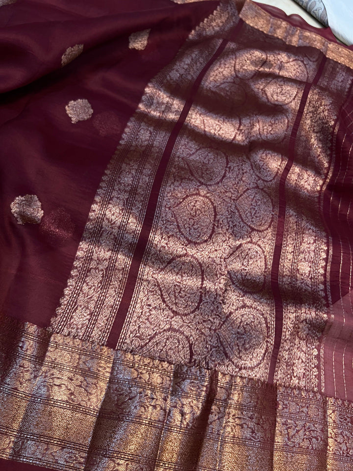 Brown Kora Silk Handloom Banarasi Saree with Kadhwa Motifs