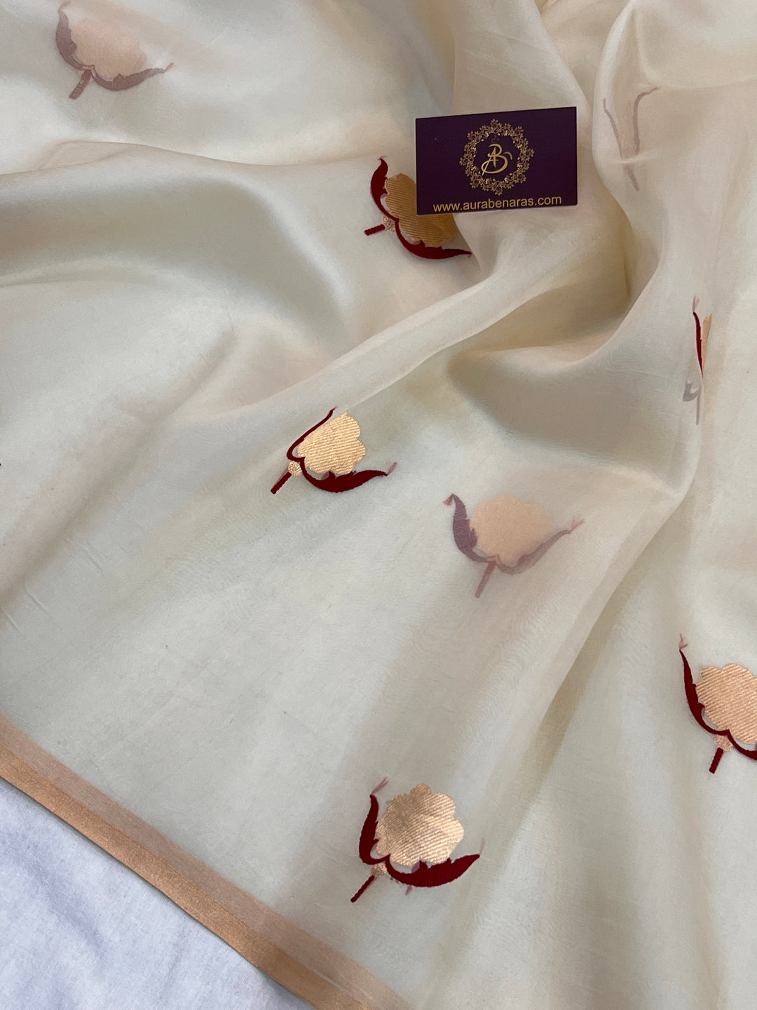 Cream Pure Kora Silk Handloom Banarasi Saree