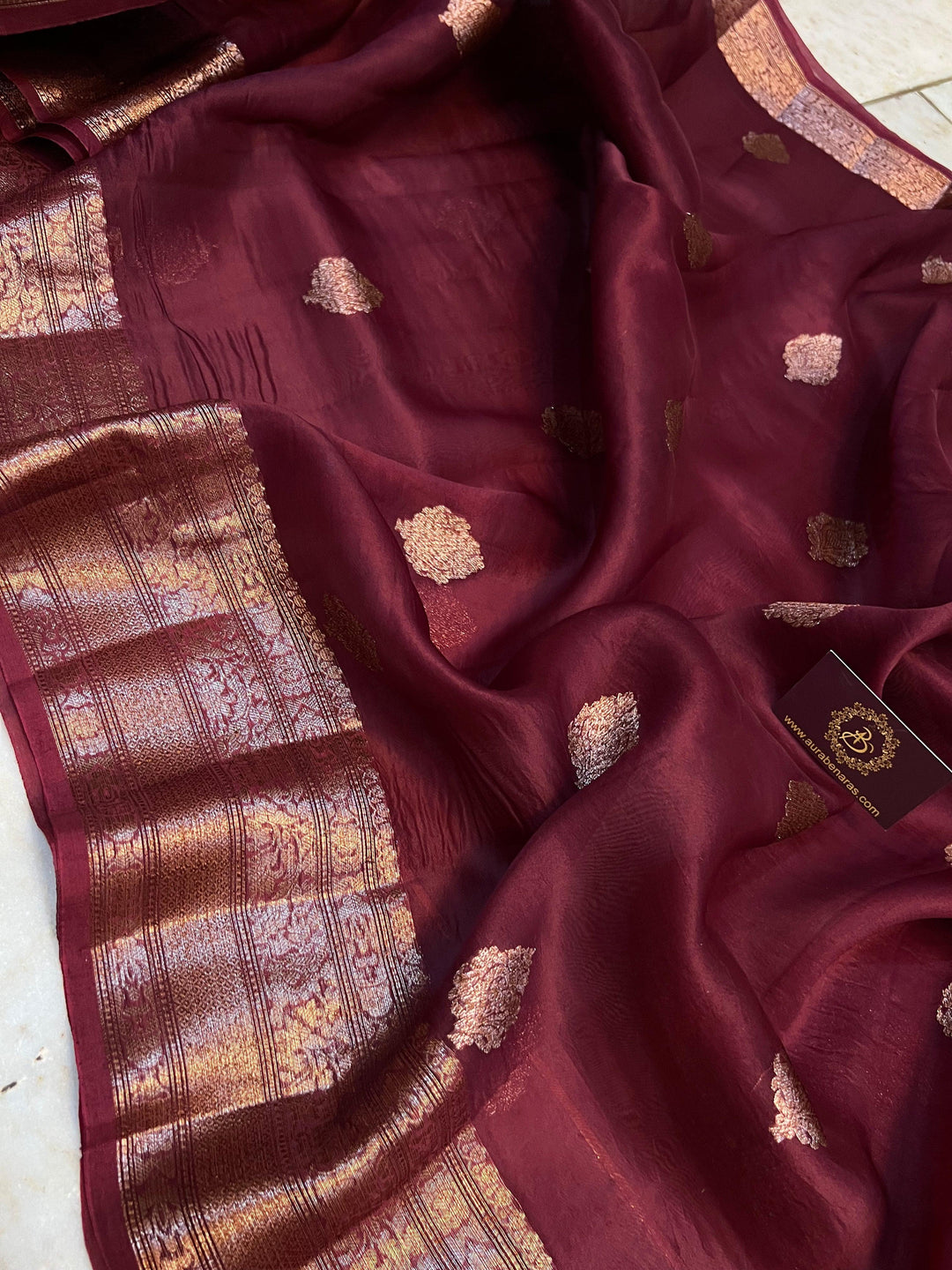 Brown Kora Silk Handloom Banarasi Saree with Kadhwa Motifs